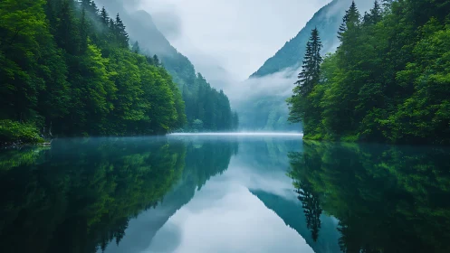 Misty forest lake with mountain reflections at dawn.