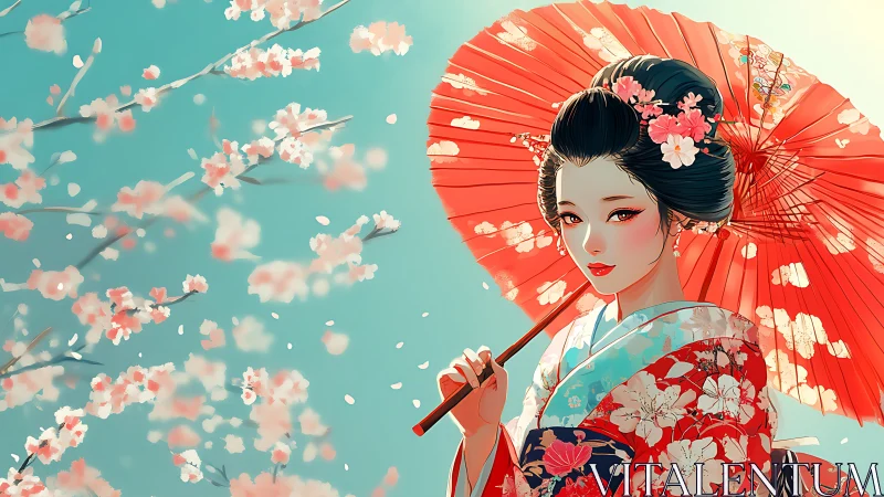 Elegant geisha under crimson parasol amid sakura blossoms.