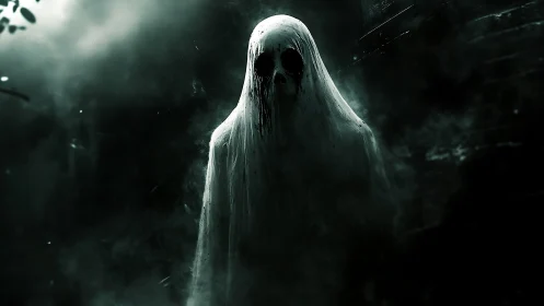 Hooded ghostly figure in dark misty alley at night.