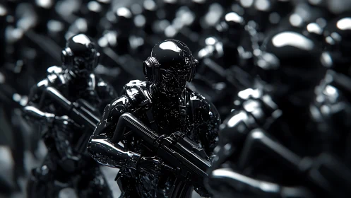 Chrome combat androids advancing in dense tactical formation.
