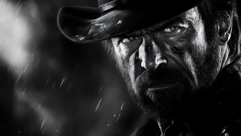 Monochrome closeup of weathered cowboy under rainstorm