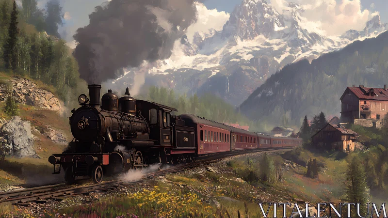 Steam train winds through peaceful mountainside valley
