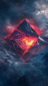 Exploding volcanic peak ignites dark winter sky.