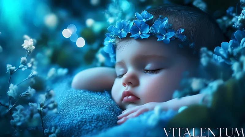Sleeping Child in Blue Floral Crown with Ethereal Botanical Surroundings.