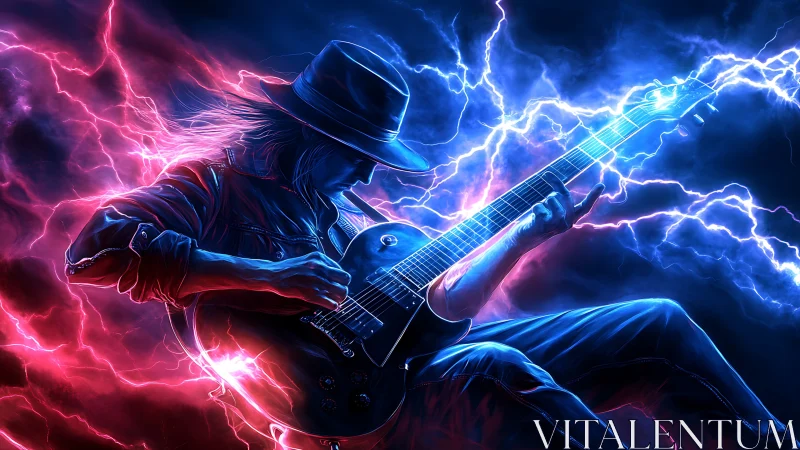 Electric guitarist commands neon lightning in vivid storm.