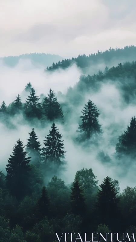 Misty Forest Landscape with Evergreen Trees.