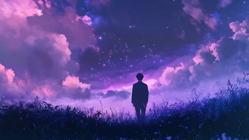 Quiet stargazer in violet twilight clouds and wild grasses.