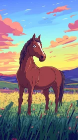 Brown horse standing in bright meadow at colorful sunset.