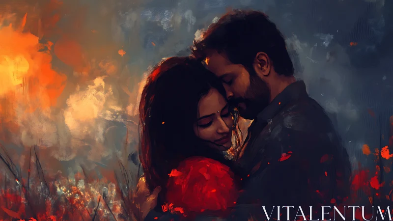 Dramatic Embrace Against Inferno: Oil Painted Romantic Silhouettes