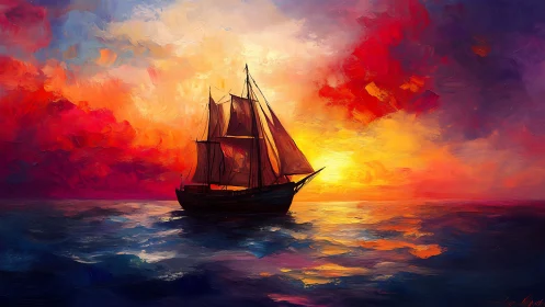 Chromatic seascape with silhouetted cutter under radiant sunset.