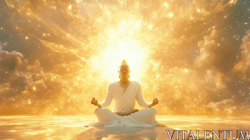 Enlightened yogi radiates cosmic golden energy burst