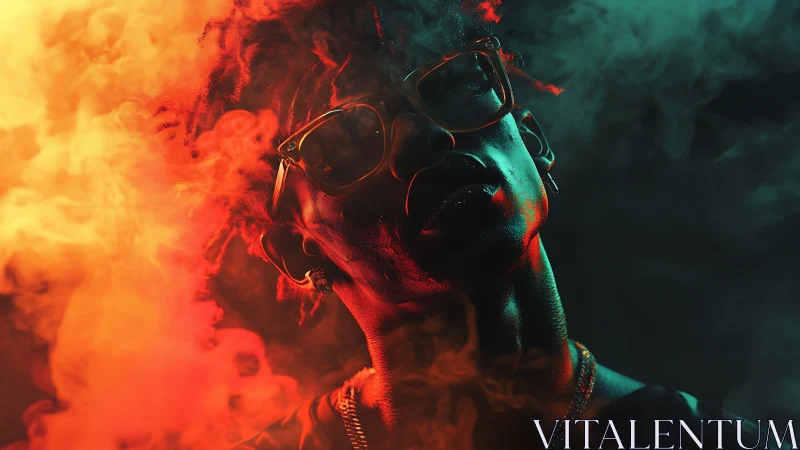 Portrait in red and teal smoke with reflective glasses.