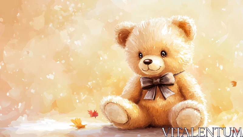 Teddy bear sits on soft autumn ground in warm light