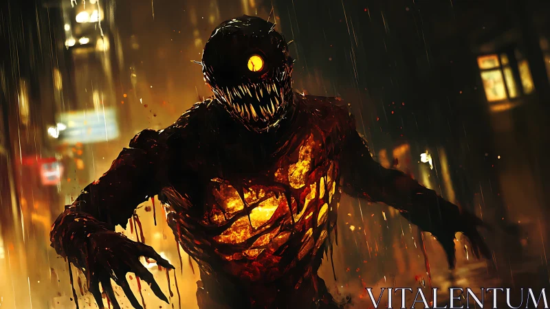 Molten-eyed horror advances through rain-soaked urban alley