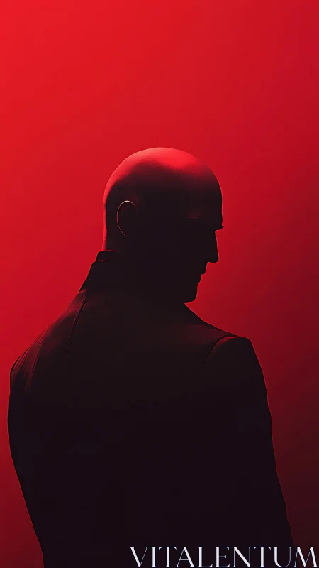 Backlit bald male silhouette in red monochrome gradient field