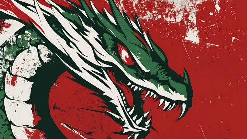 Snarling green dragon head on distressed red field.