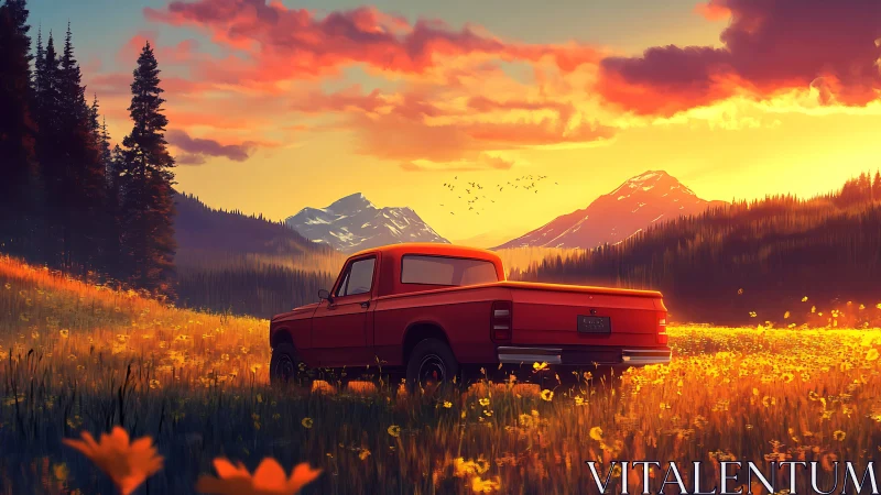 Sunlit red pickup truck in wildflower mountain valley at dusk.
