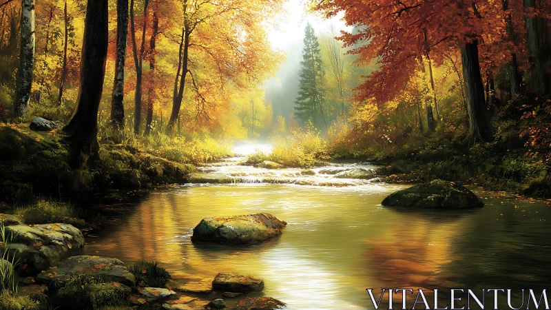 Autumn forest river with rocks and diffuse backlighting.