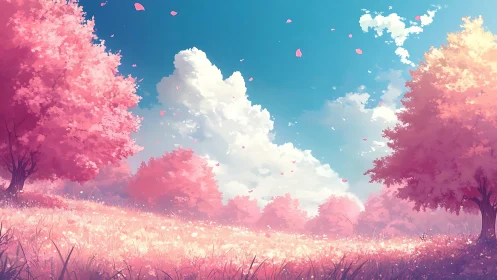 Pink tree meadow under blue sky with scattered clouds.