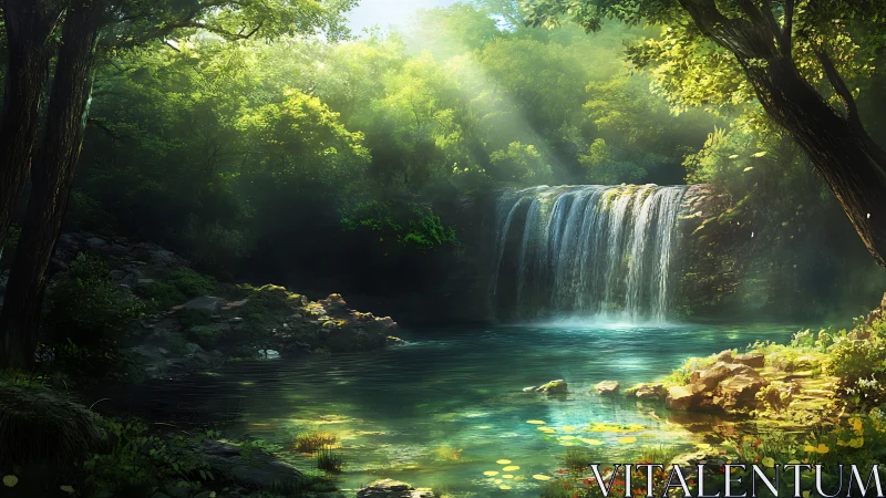 Sunlit waterfall hushes a hidden forest pool into stillness