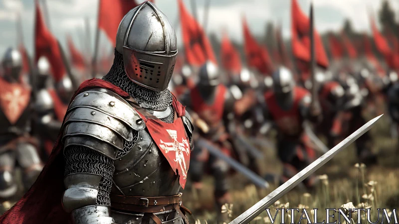 Steel-clad knights in red march toward an unseen horizon.