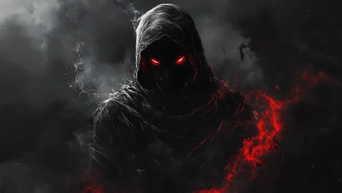 Hooded shadow wreathed in crimson embers and predatory glow.