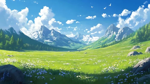 Wide alpine valley extends between snow covered mountain peaks