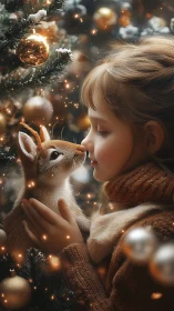 Photorealistic winter portrait of girl and tiny reindeer.