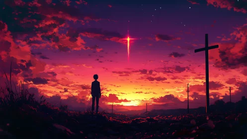 Silhouetted figure studies radiant cross-shaped comet at dusk