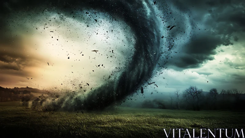 Powerful tornado twisting over dark rural landscape.