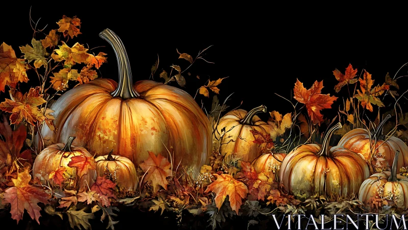 Pumpkins and autumn leaves form a detailed fall still life