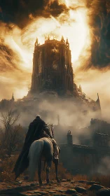 Lone rider confronting a burning citadel beneath swirling sky.