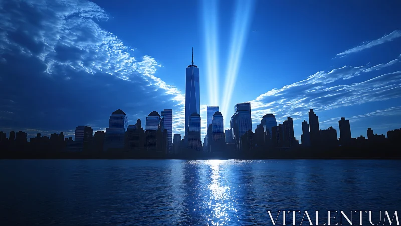 Radiant city skyline glowing under deep blue evening light.