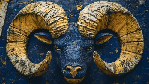Weathered ram relief sculpture with textured yellow horns and blue patina