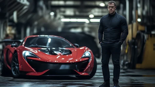 Red hypercar and stoic driver in moody industrial garage.