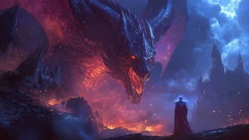Towering fire dragon confronts lone mage above burning realm