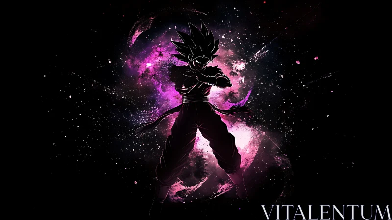 Anime silhouette warrior against cosmic magenta energy field.