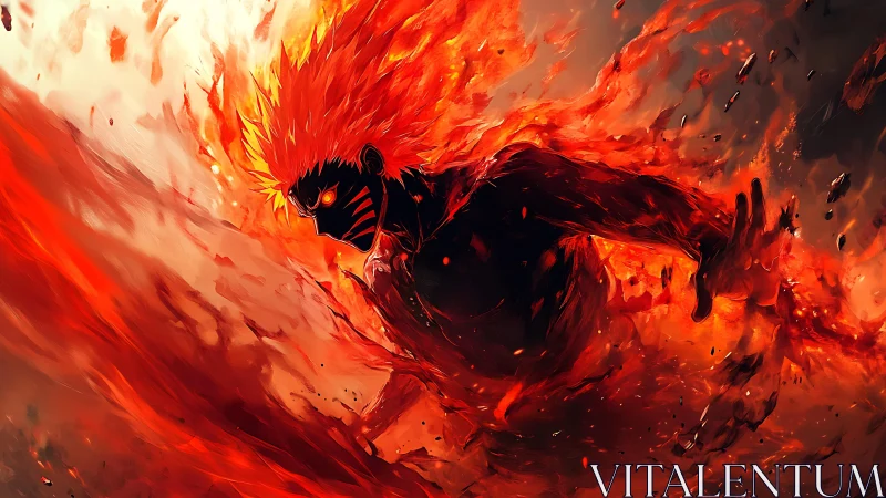Flaming anime warrior surges forward through swirling inferno