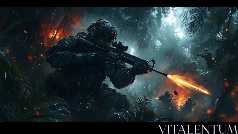 Intense jungle firefight unfolds in a rain soaked night ambush
