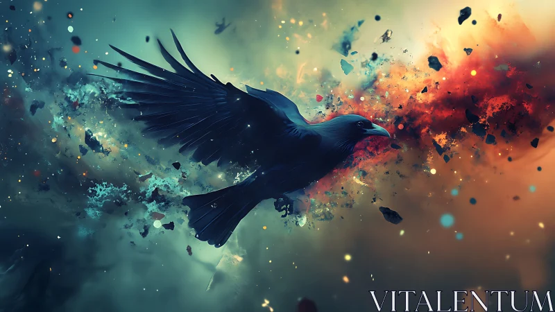 Raven in cosmic nebula burst amid scattering embers and dust.