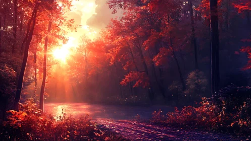 Sunlit autumn forest path beside calm reflective river.