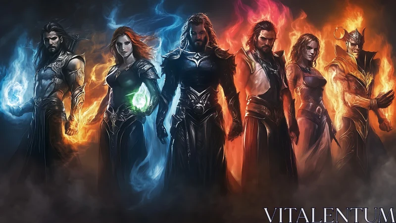 Elemental mage lineup in cinematic fantasy digital painting.