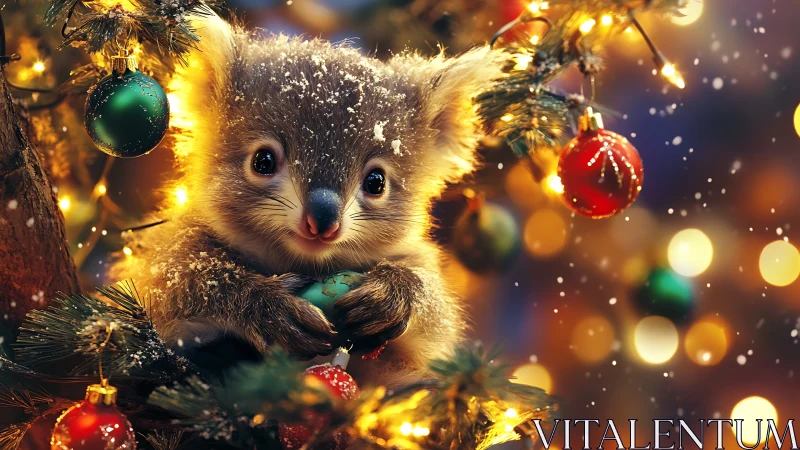 Baby koala cuddles ornament in glowing Christmas tree