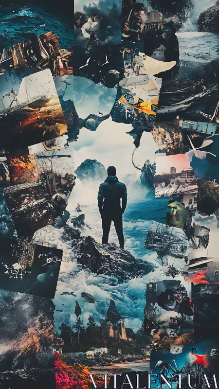 Central coastal figure surrounded by fragmented photo scenes.