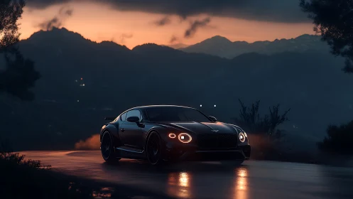 Luxury grand tourer glides along misty mountain road at dusk.