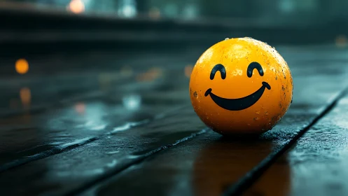 Smiley face ball on wet wooden boards at night.