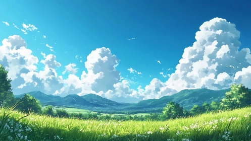 Sunlit meadow and rolling hills under towering summer clouds.