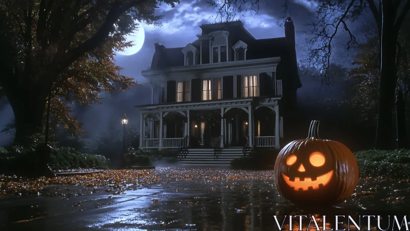 Jack-o-lantern mischief crowns a moonlit haunted mansion drive