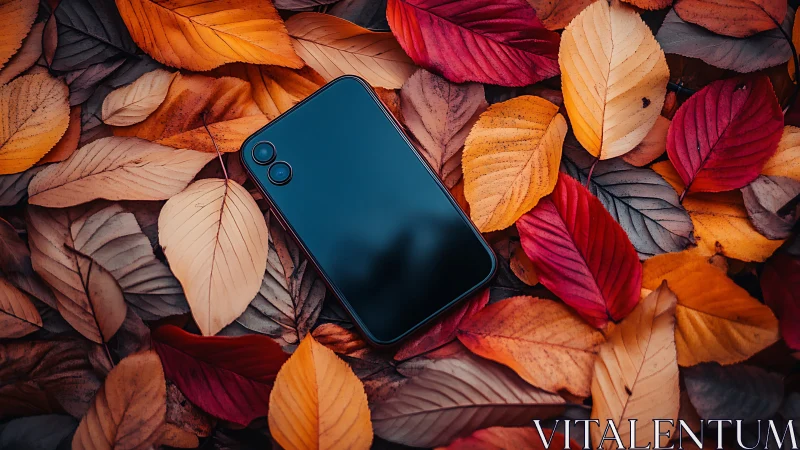 Black dual-camera smartphone on autumn foliage bed, top view