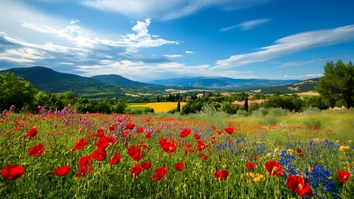Wildflower meadow before distant hills under clear sky.
